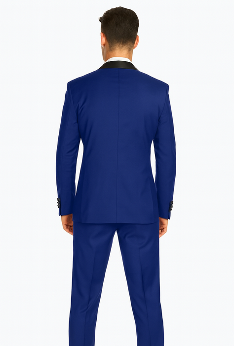 Men's Cobalt Blue ~ Indigo ~ Bright Blue ~ Teal  ( Light Dark Navy ) With Black Lapel Shawl lapel 1 Single Button Tuxedo Suit