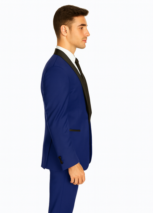 Men's Cobalt Blue ~ Indigo ~ Bright Blue ~ Teal  ( Light Dark Navy ) With Black Lapel Shawl lapel 1 Single Button Tuxedo Suit