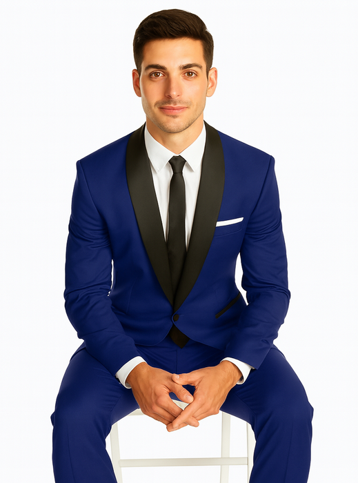 Men's Cobalt Blue ~ Indigo ~ Bright Blue ~ Teal  ( Light Dark Navy ) With Black Lapel Shawl lapel 1 Single Button Tuxedo Suit