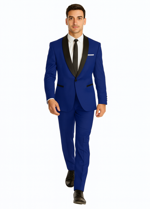 Men's Cobalt Blue ~ Indigo ~ Bright Blue ~ Teal  ( Light Dark Navy ) With Black Lapel Shawl lapel 1 Single Button Tuxedo Suit