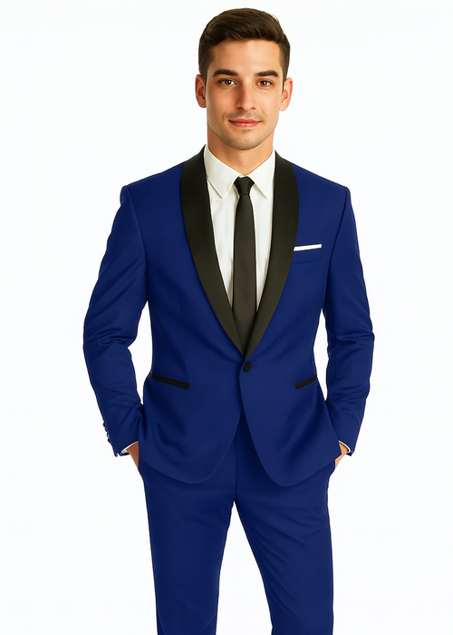 Men's Cobalt Blue ~ Indigo ~ Bright Blue ~ Teal  ( Light Dark Navy ) With Black Lapel Shawl lapel 1 Single Button Tuxedo Suit