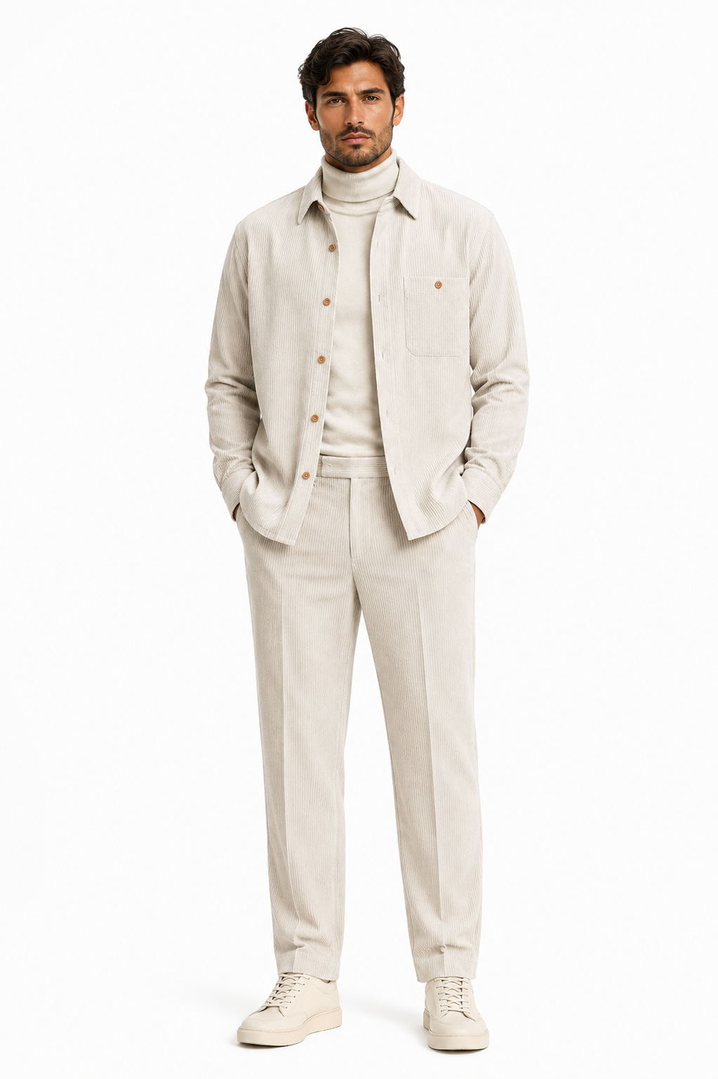 Mens Corduroy Shirt and Pants Walking Suit in Winter Cotton Fabric Casual in Color Off White Ivory Cream leisure Style Off White / XXXL or 3XL