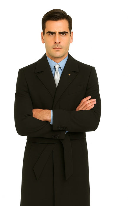 Men's Dress Coat Belted Very Dark Grey Almost Black Full Length Blend Long Men's Dress Topcoat - Winter coat Very Dark Grey Almost Black Color - Men's Overcoat