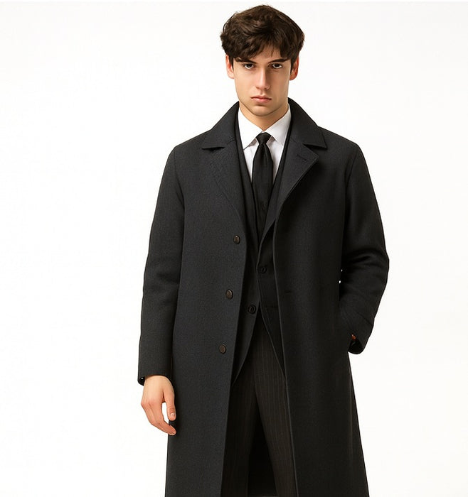 Men's Full Length Wool Overcoat Belted Charcoal Grey Belted Wool Overcoat