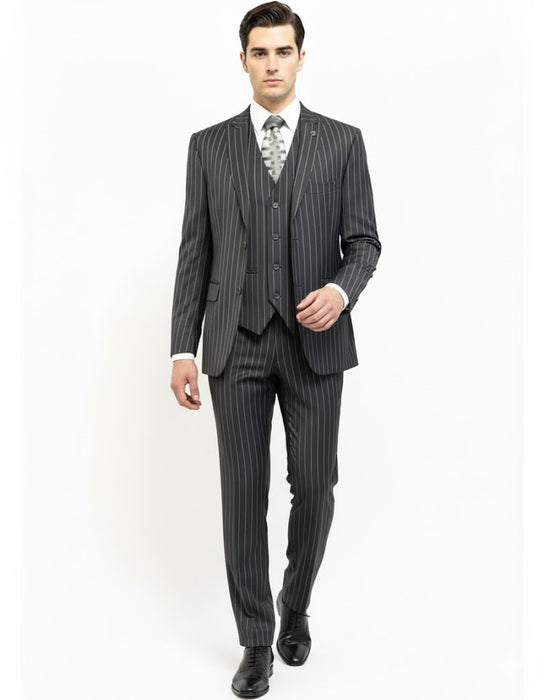 Mens Gangster Pinstripe 2 Button Double Breasted Vest Suit in Black Or Charcoal Grey