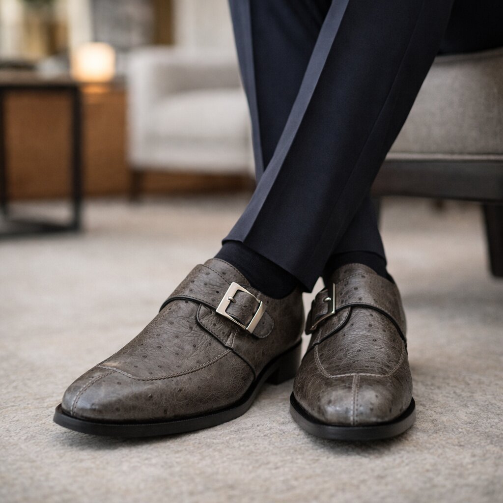 Belvedere Men's Shoes Gray Ostrich Side Buckle Strap Josh 114011