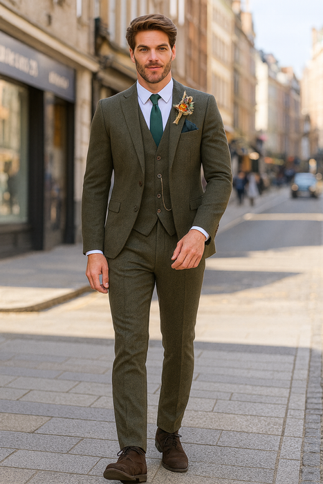 SKU#JA60784 Groomsmen Tweed Suit - Green Herringbone Western Suit - Traje Para Hombre