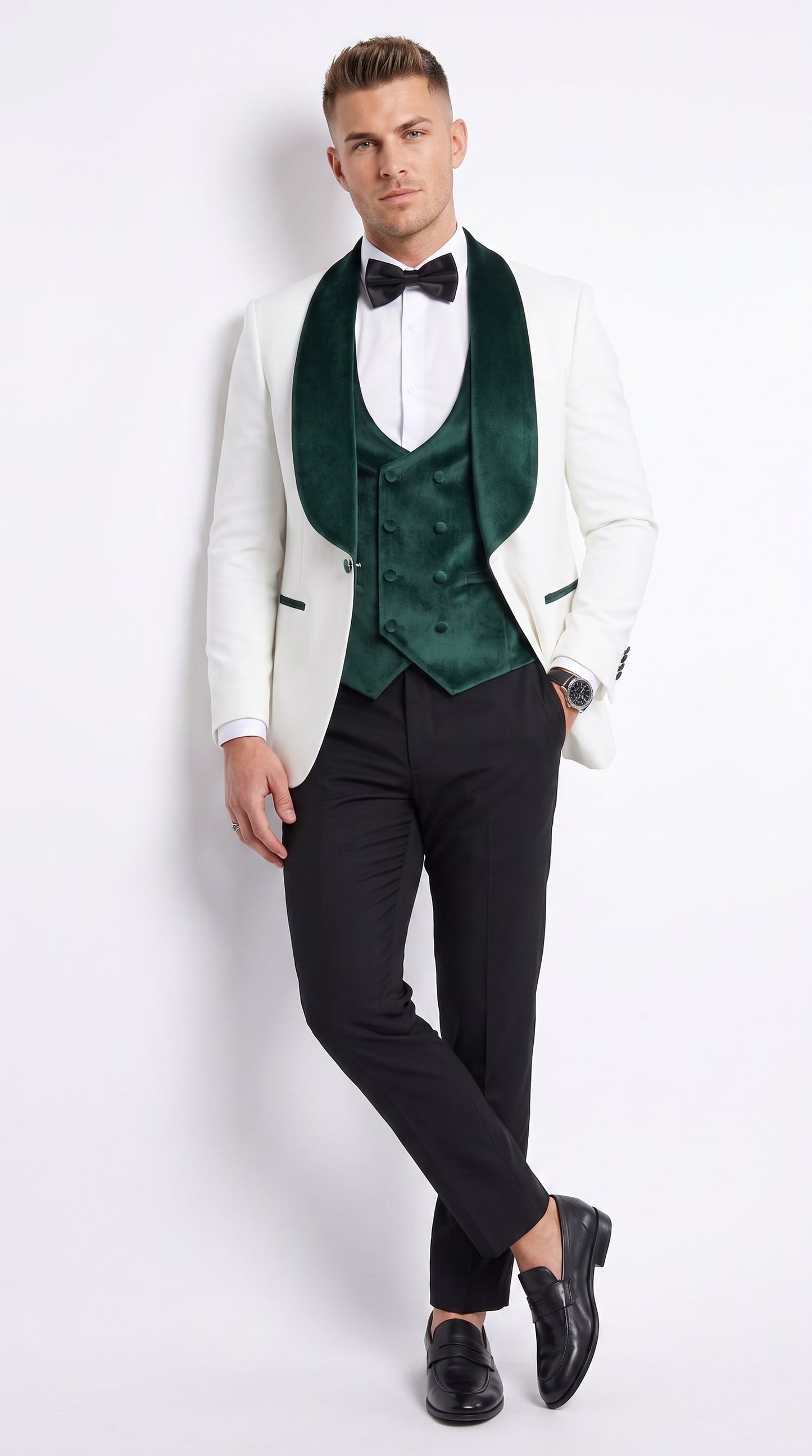 Mens Green & White Tuxedo with Black Pants – Velvet Shawl Lapel 3-Piece Wedding Suit