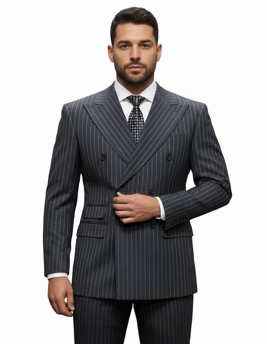 Mens Italian Wool Suit Color Charcoal Grey - Men's Designer Classic Fit Double Breasted Wool Pinstripe Charcoal Grey Suit