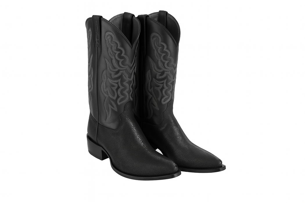 Men's King Exotic Snip Toe Stingray Boots Full Rowstone Handmade Black (4941105-)