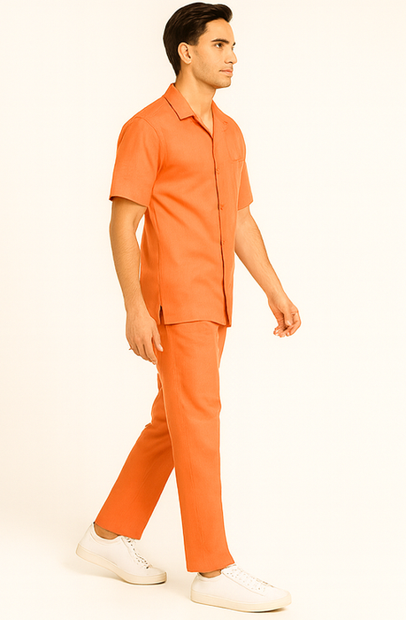 Mens Linen Walking Suit - Solid Coral Summer Outfit - Mens Linen Suit