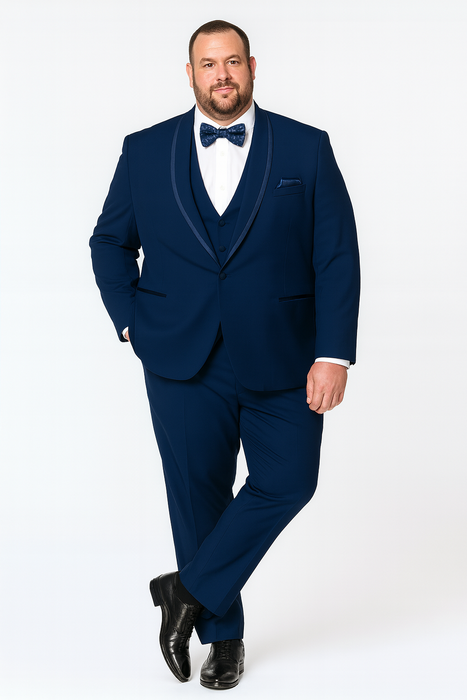 Men’s Navy Blue with Blue Trim Three-Piece Tuxedo with Satin Shawl Lapel and Bow Tie Wedding Suit