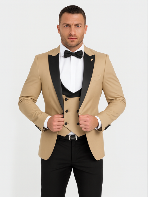 Mens One Button Peak Label Suit Tan