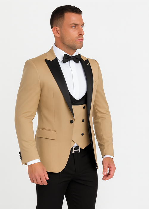 Mens One Button Peak Label Suit Tan