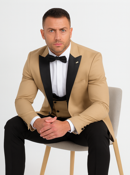 Mens One Button Peak Label Suit Tan