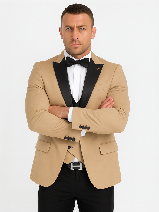 Mens One Button Peak Label Suit Tan