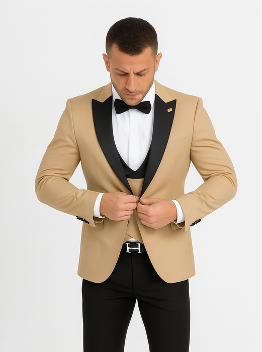 Mens One Button Peak Label Suit Tan