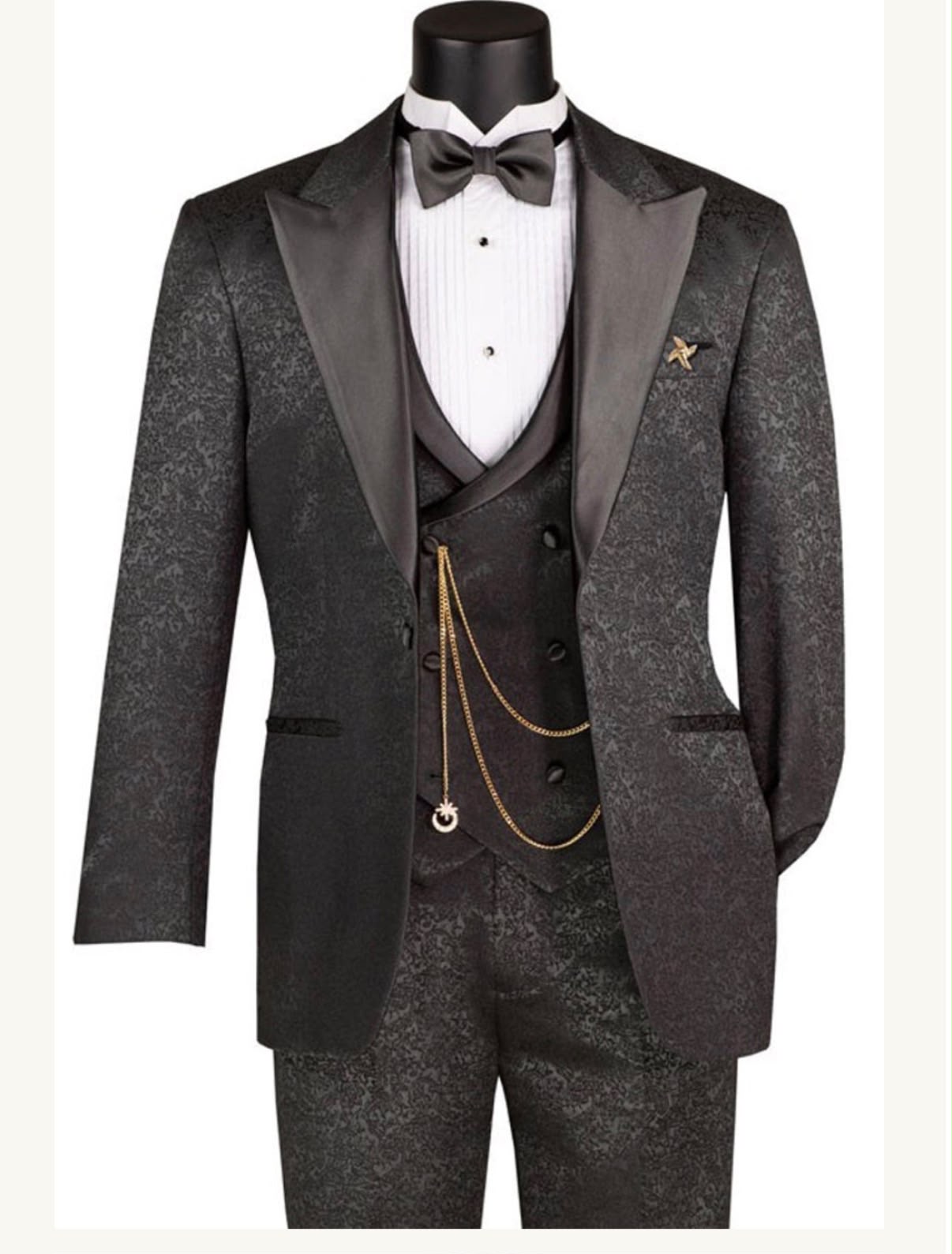 Mens Paisley Black Prom Tuxedo – 3-Piece Wedding Suit with Satin Peak Lapel & Double-Breasted Vest