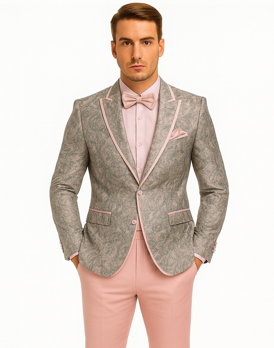 Mens Pink and Grey Floral Tuxedo with Satin Trim – Prom and Wedding Suit with Bow Tie and Flower Pin