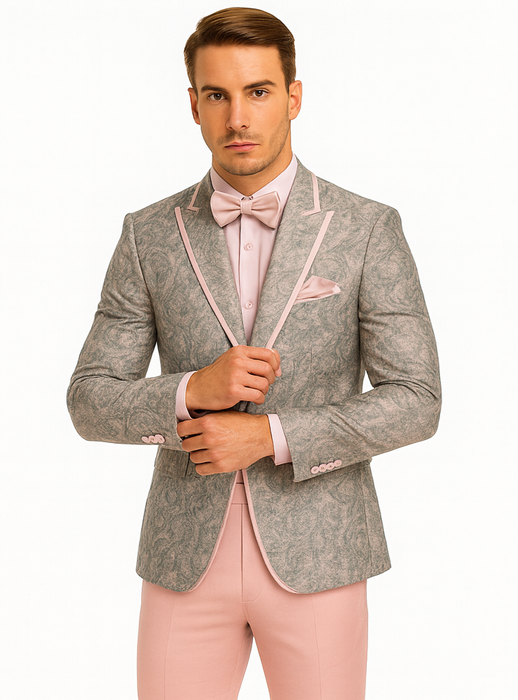 Mens Pink and Grey Floral Tuxedo with Satin Trim – Prom and Wedding Suit with Bow Tie and Flower Pin