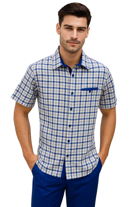 Mens Plaid Walking Suit in Royal by Dreams by Zacchi – 2 Piece Leisure Outfit with Matching Shirt and Pants - $99