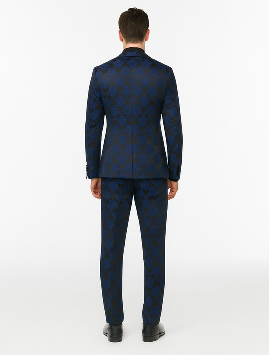 Mens Prom Tuxedo Paisley Suit - Wedding Floral Suit- Midnight - Royal - Navy Blue Wedding Jacket + Vest + Pants