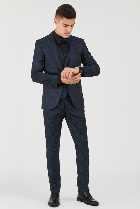Mens Prom Tuxedo Paisley Suit - Wedding Floral Suit- Midnight - Royal - Navy Blue Wedding Jacket + Vest + Pants