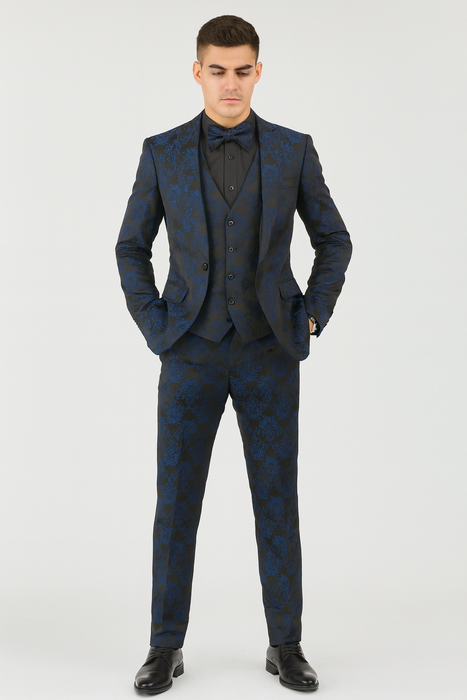 Mens Prom Tuxedo Paisley Suit - Wedding Floral Suit- Midnight - Royal - Navy Blue Wedding Jacket + Vest + Pants
