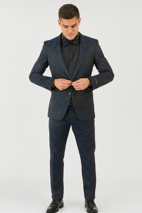 Mens Prom Tuxedo Paisley Suit - Wedding Floral Suit- Midnight - Royal - Navy Blue Wedding Jacket + Vest + Pants