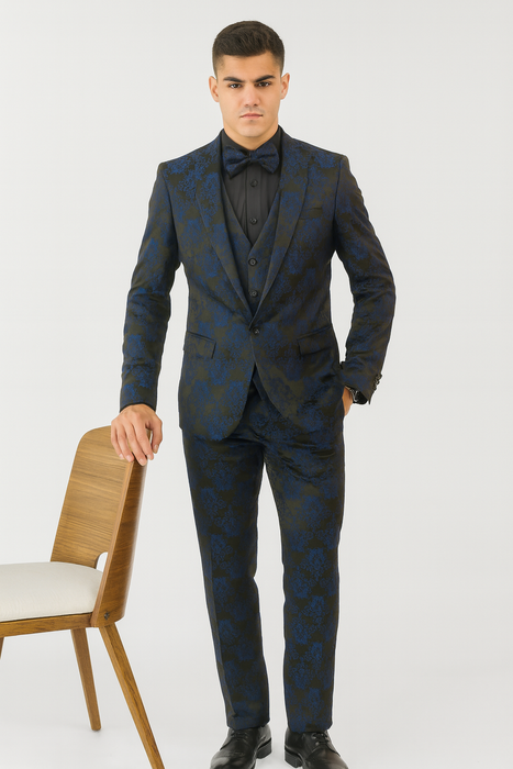 Mens Prom Tuxedo Paisley Suit - Wedding Floral Suit- Midnight - Royal - Navy Blue Wedding Jacket + Vest + Pants