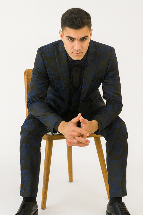 Mens Prom Tuxedo Paisley Suit - Wedding Floral Suit- Midnight - Royal - Navy Blue Wedding Jacket + Vest + Pants