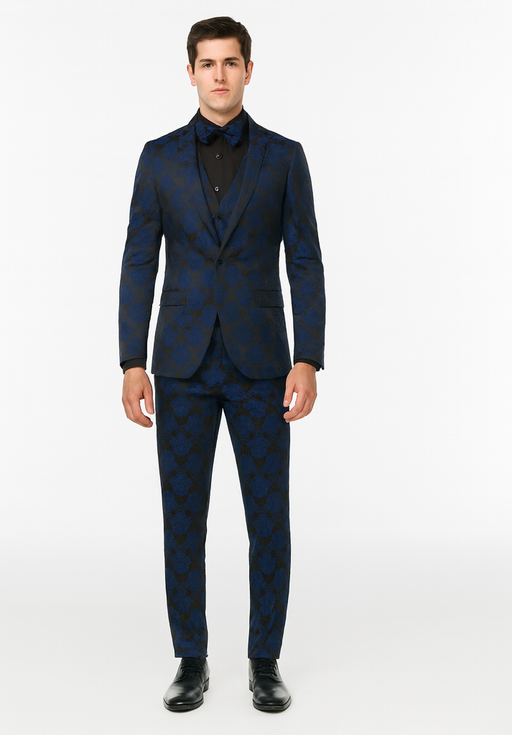 Mens Prom Tuxedo Paisley Suit - Wedding Floral Suit- Midnight - Royal - Navy Blue Wedding Jacket + Vest + Pants