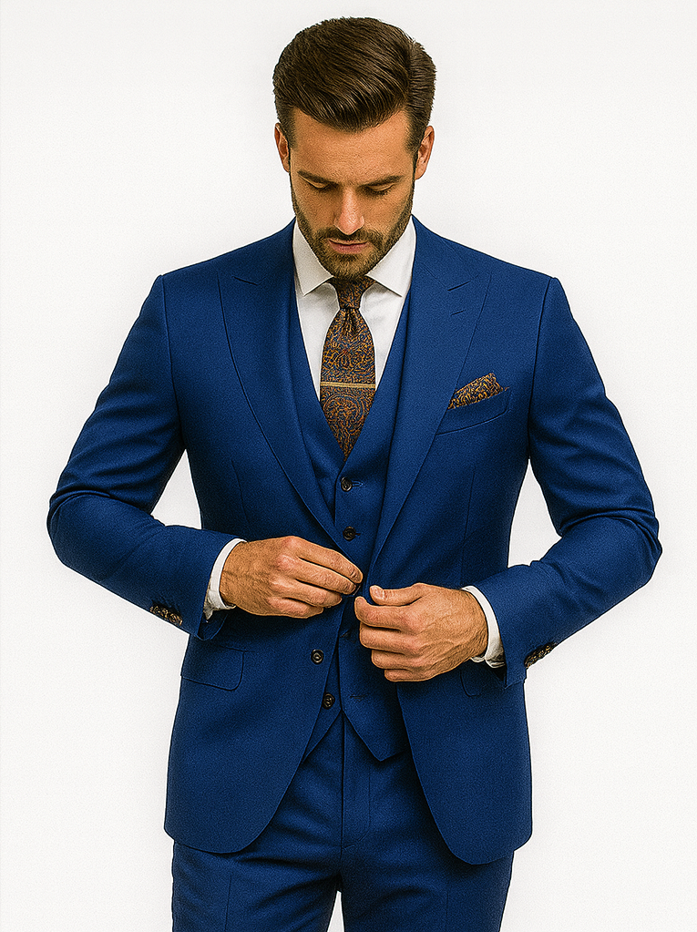 Men’s Designer Blue Suit with Vest and Pocket Chain – Stylish Attire Modern Fit