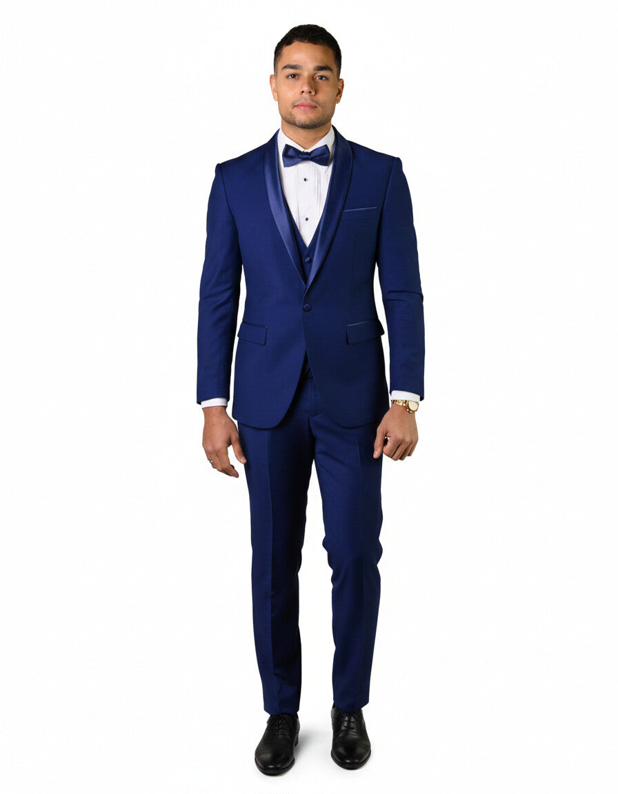 Mens 1 Button Shawl Lapel Vested Wool Wedding - Prom Tuxedo in Bright Sapphire Blue - Mens Slim Fitted Tuxedo