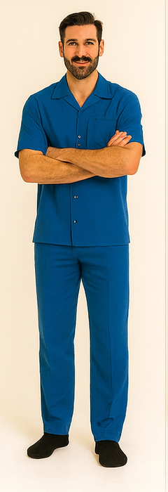 Men's Short Sleeve 2 Piece Casual Two Piece Mens Walking Outfit For Sale Pant Sets Set With Long Pants 100% Linen Royal Shirt