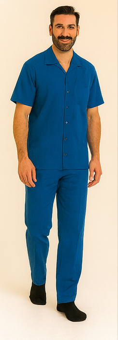 Men's Short Sleeve 2 Piece Casual Two Piece Mens Walking Outfit For Sale Pant Sets Set With Long Pants 100% Linen Royal Shirt