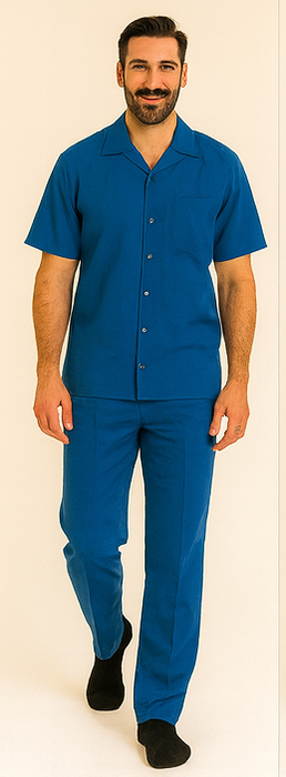 Men's Short Sleeve 2 Piece Casual Two Piece Mens Walking Outfit For Sale Pant Sets Set With Long Pants 100% Linen Royal Shirt