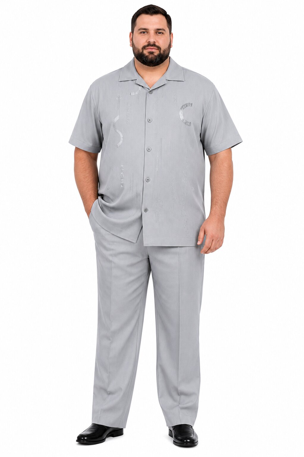 Men’s Light Gray Embroidered Walking Suit Set – 2 Piece Short Sleeve Casual Outfit