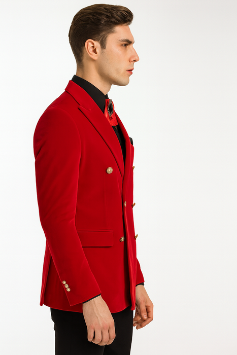 Mens Slim Fit Double Breasted With Brass Buttons - Red Sportcoat