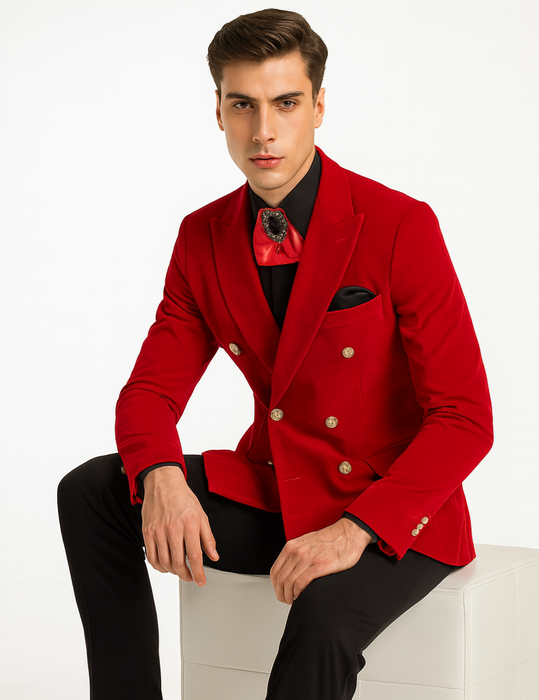 Mens Slim Fit Double Breasted With Brass Buttons - Red Sportcoat
