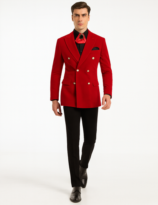 Mens Slim Fit Double Breasted With Brass Buttons - Red Sportcoat