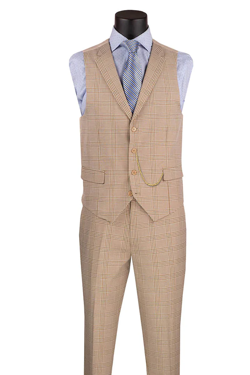 Marc Darcy Wedding Suits Men's Slim Fit Vested Glen Plaid Summer Business Suit in Beige - Image 2
