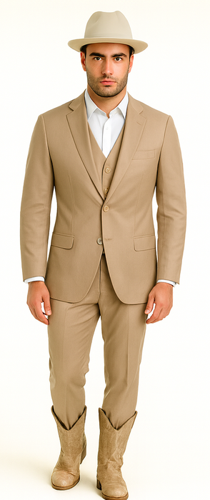 Mens Stacy Adams Suit - Designer Suit - 3 Piece Suit - Vested Suit - Flat Front Pant- Modern Fit Suits Tan Suit