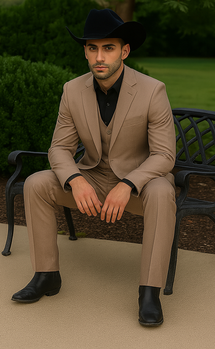 Mens Stacy Adams Suit - Designer Suit - 3 Piece Suit - Vested Suit - Flat Front Pant- Modern Fit Suits Tan Suit
