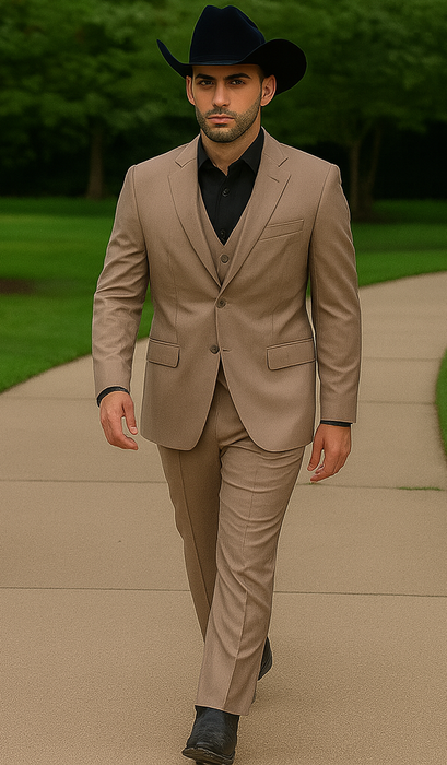 Mens Stacy Adams Suit - Designer Suit - 3 Piece Suit - Vested Suit - Flat Front Pant- Modern Fit Suits Tan Suit