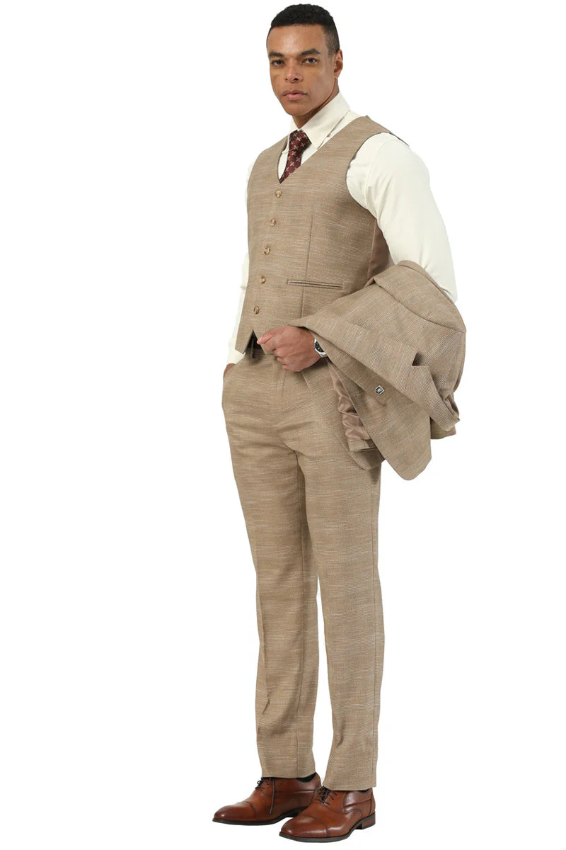 Marc Darcy Wedding Suits Men's Stacy Adams Vested Sharkskin Pattern Business Suit in Tan - Image 3