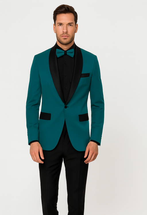 Men's Teal Blue Velvet Tuxedo with Black Satin Lapel and Bow Tie + Black Pants