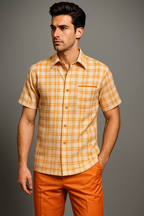 Mens Textured Plaid Walking Suit in Orange/Cream by Dreams by Zacchi – 2 Piece Leisure Outfit with matching shirt and pant -$99