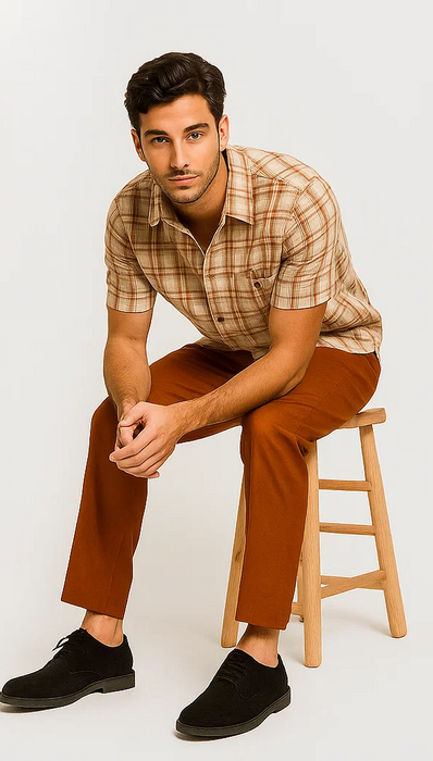 Mens Textured Plaid Walking Suit in Papaya/Cream by Dreams by Zacchi – 2 Piece Leisure Outfit with matching shirt and pant -$99