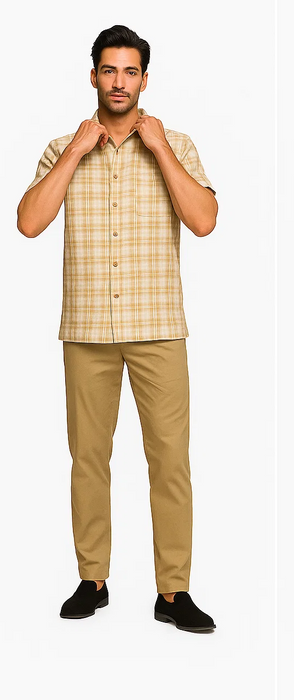 Mens Textured Plaid Walking Suit in tan/cream  by Dreams by Zacchi – 2 Piece Leisure Outfit with  matching shirt and pant -$99